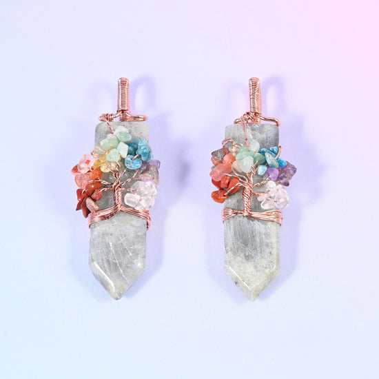Copper Wired Chakra Tree Stone Pendants
