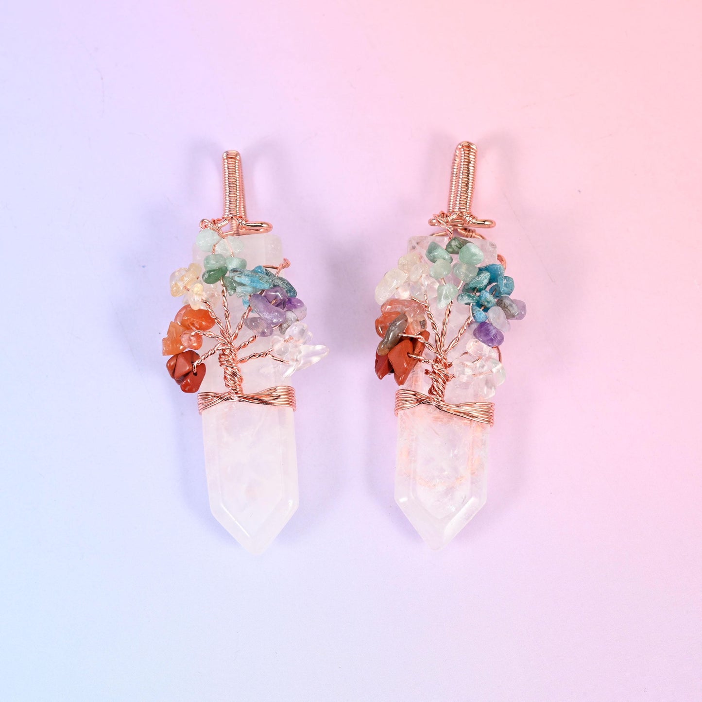 Copper Wired Chakra Tree Stone Pendants