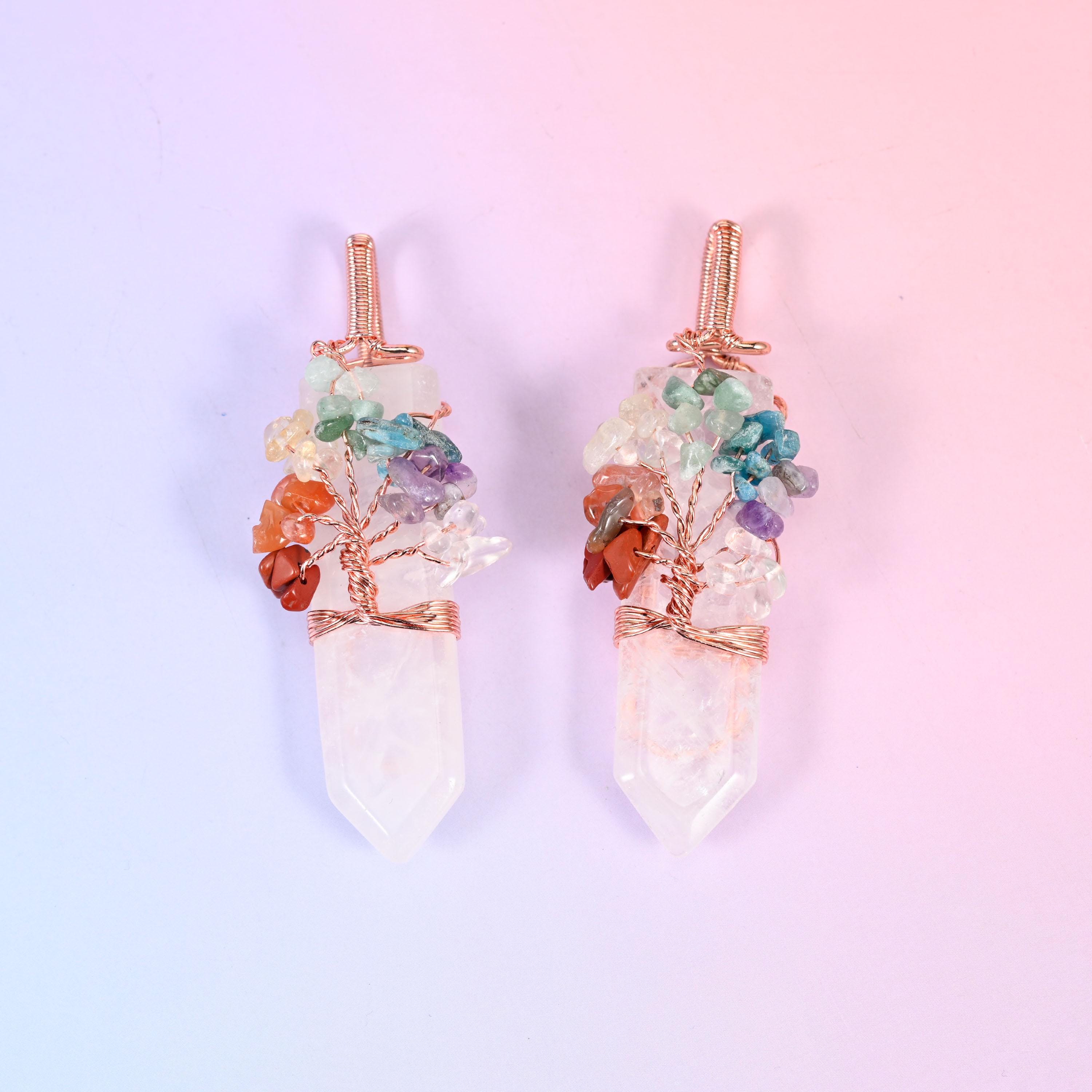 Copper Wired Chakra Tree Stone Pendants