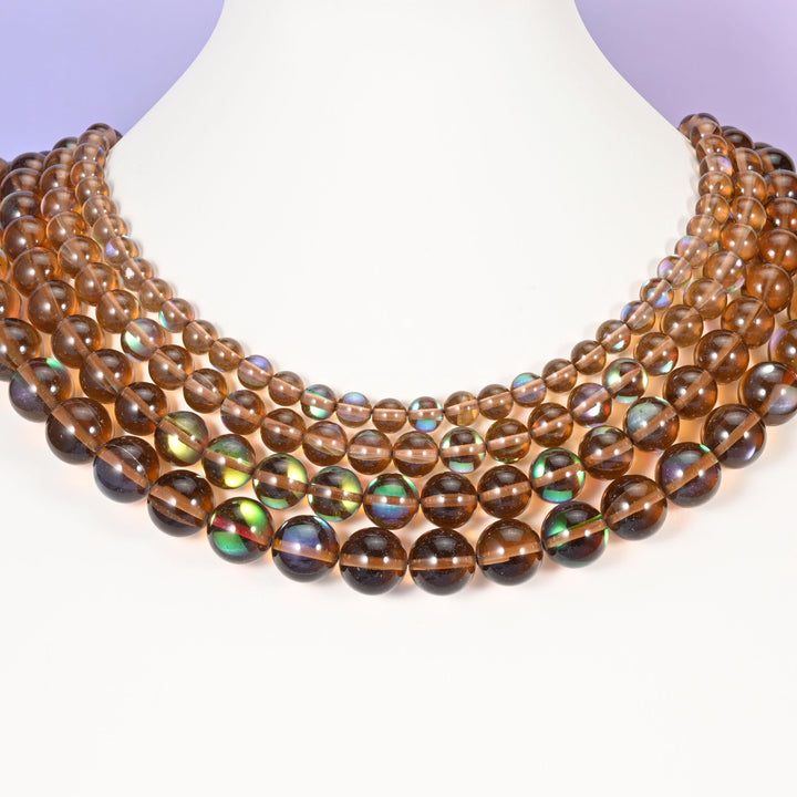 Mystic Aura Brown Round Glass Beads: Iridescent Jewelry Making Supply, 15 Inch Strand