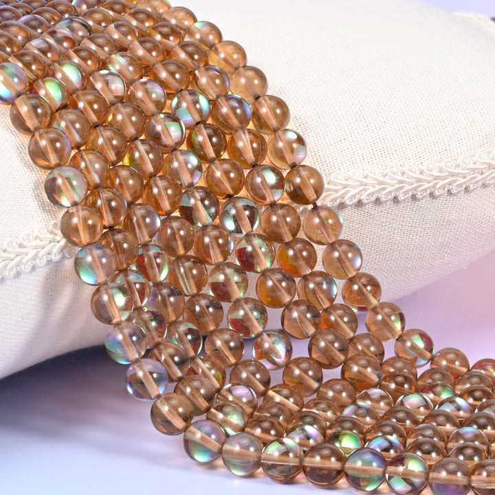 Mystic Aura Brown Round Glass Beads: Iridescent Jewelry Making Supply, 15 Inch Strand