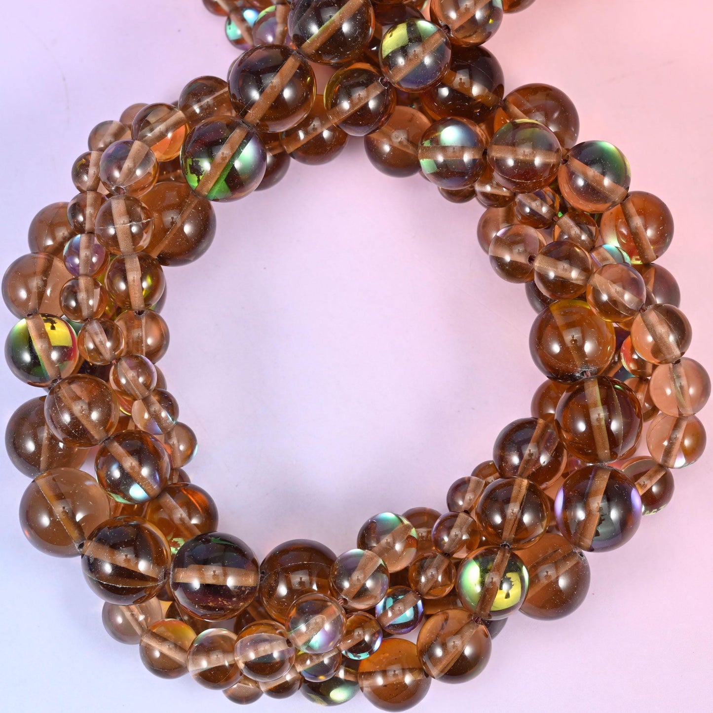 Mystic Aura Brown Round Glass Beads: Iridescent Jewelry Making Supply, 15 Inch Strand