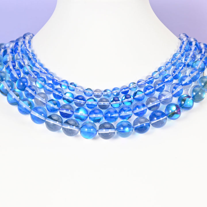 Mystic Aura Blue Round Glass Beads: Iridescent Jewelry Making Supply, 15 Inch Strand
