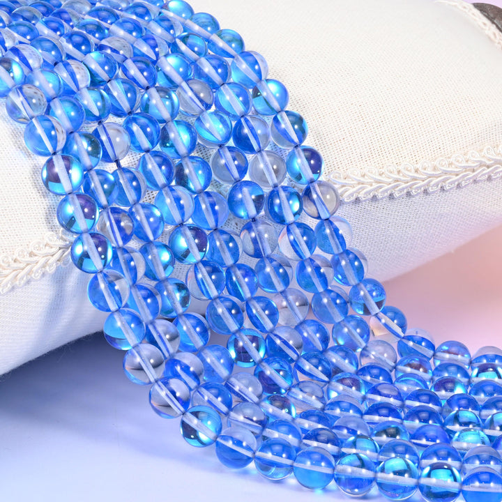Mystic Aura Blue Round Glass Beads: Iridescent Jewelry Making Supply, 15 Inch Strand