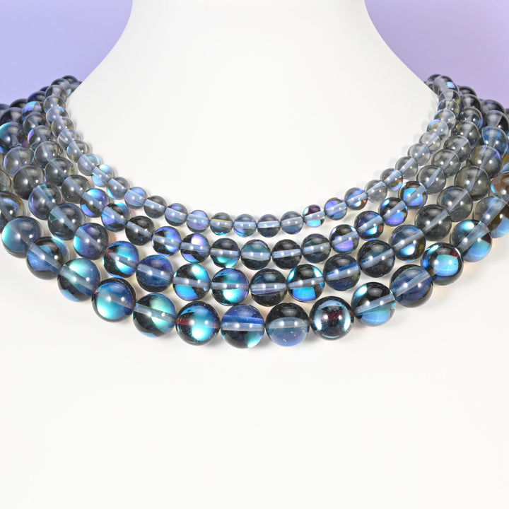 Mystic Aura Gray Round Glass Beads: Iridescent Jewelry Making Supply, 15 Inch Strand