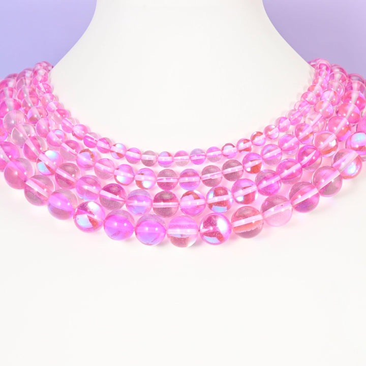 Mystic Aura Pink Round Glass Beads: Iridescent Jewelry Making Supply, 15 Inch Strand