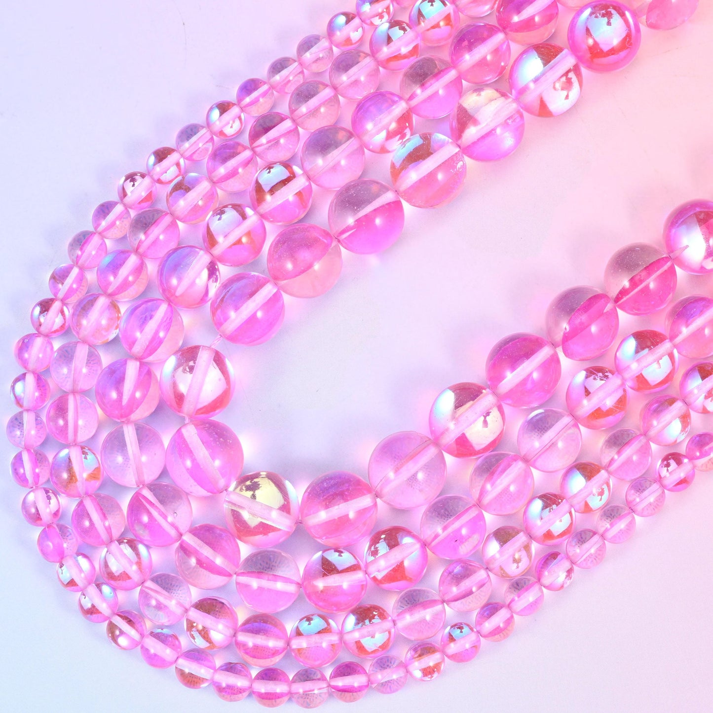Mystic Aura Pink Round Glass Beads: Iridescent Jewelry Making Supply, 15 Inch Strand