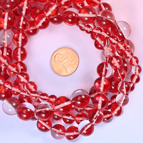 Mystic Aura Red Round Glass Beads: Iridescent Jewelry Making Supply, 15 Inch Strand
