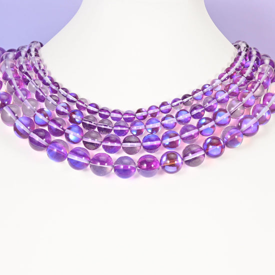 Mystic Aura Purple Round Glass Beads: Iridescent Jewelry Making Supply, 15 Inch Strand