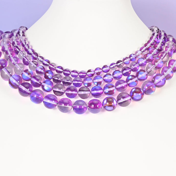 Mystic Aura Purple Round Glass Beads: Iridescent Jewelry Making Supply, 15 Inch Strand
