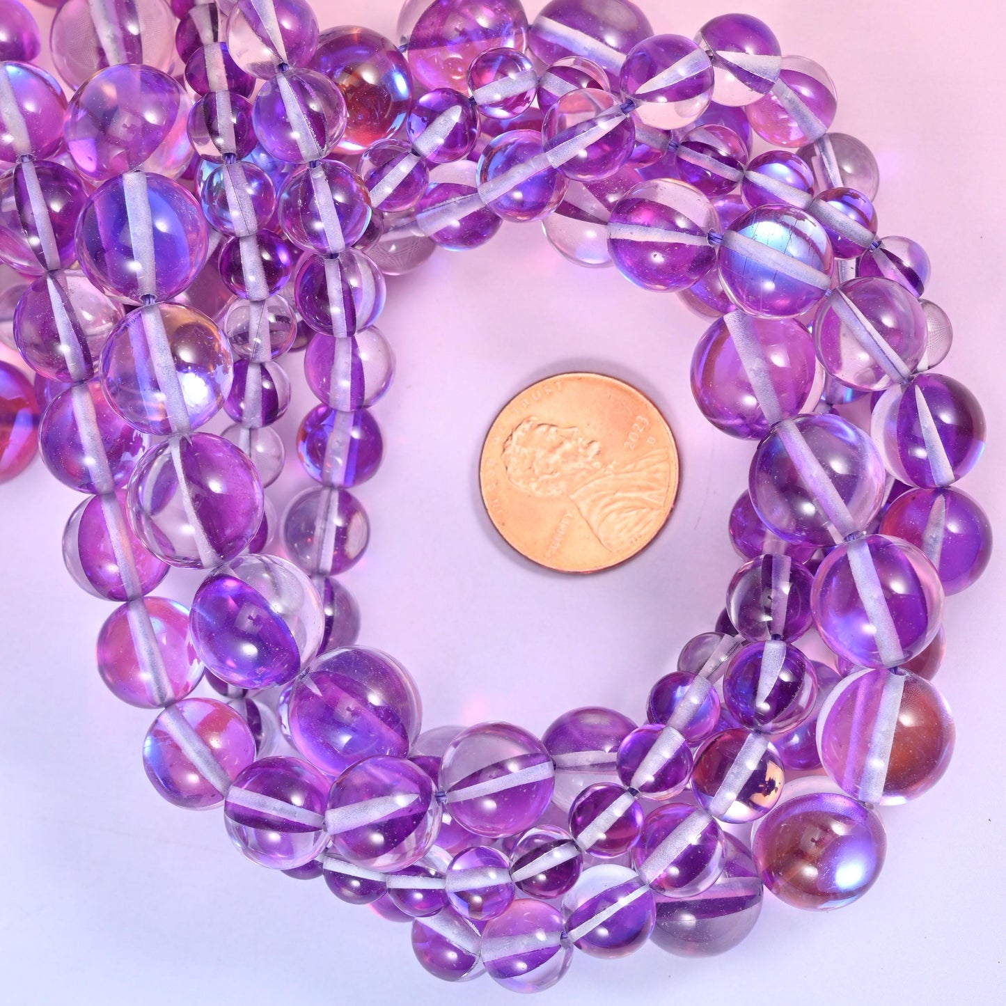 Mystic Aura Purple Round Glass Beads: Iridescent Jewelry Making Supply, 15 Inch Strand