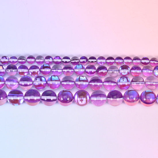 Mystic Aura Purple Round Glass Beads: Iridescent Jewelry Making Supply, 15 Inch Strand