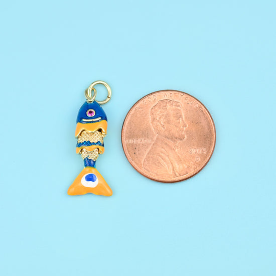 18K Gold Filled Tiny Blue Enamel Fish Charms for DIY Jewelry Making Supply