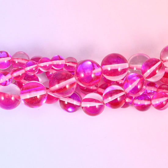 Mystic Aura Rose Red Round Glass Beads: Iridescent Jewelry Making Supply, 15 Inch Strand