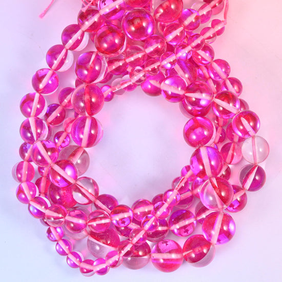 Mystic Aura Rose Red Round Glass Beads: Iridescent Jewelry Making Supply, 15 Inch Strand