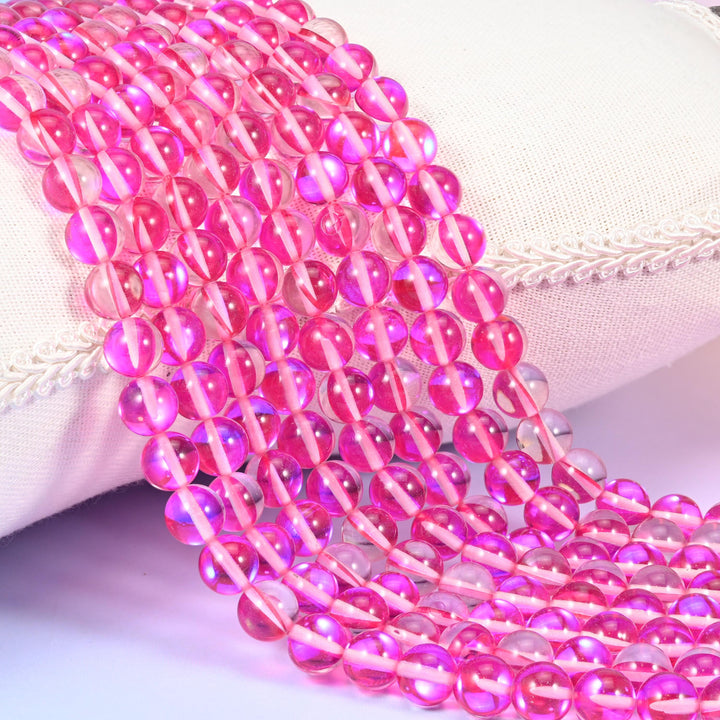 Mystic Aura Rose Red Round Glass Beads: Iridescent Jewelry Making Supply, 15 Inch Strand