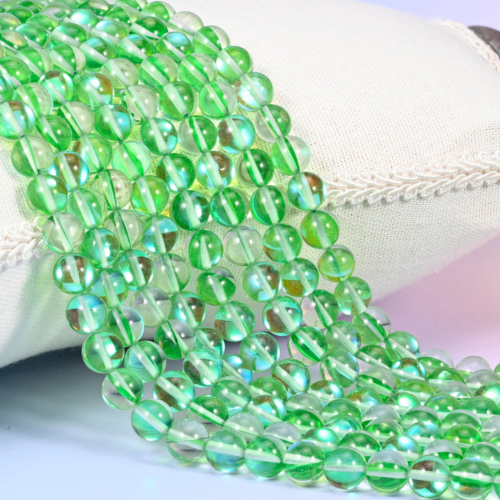 Mystic Aura Green Round Glass Beads: Iridescent Jewelry Making Supply, 15 Inch Strand