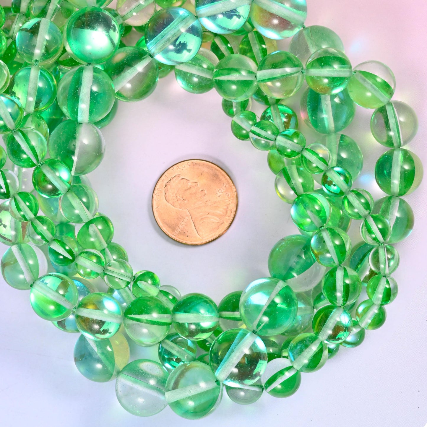 Mystic Aura Green Round Glass Beads: Iridescent Jewelry Making Supply, 15 Inch Strand