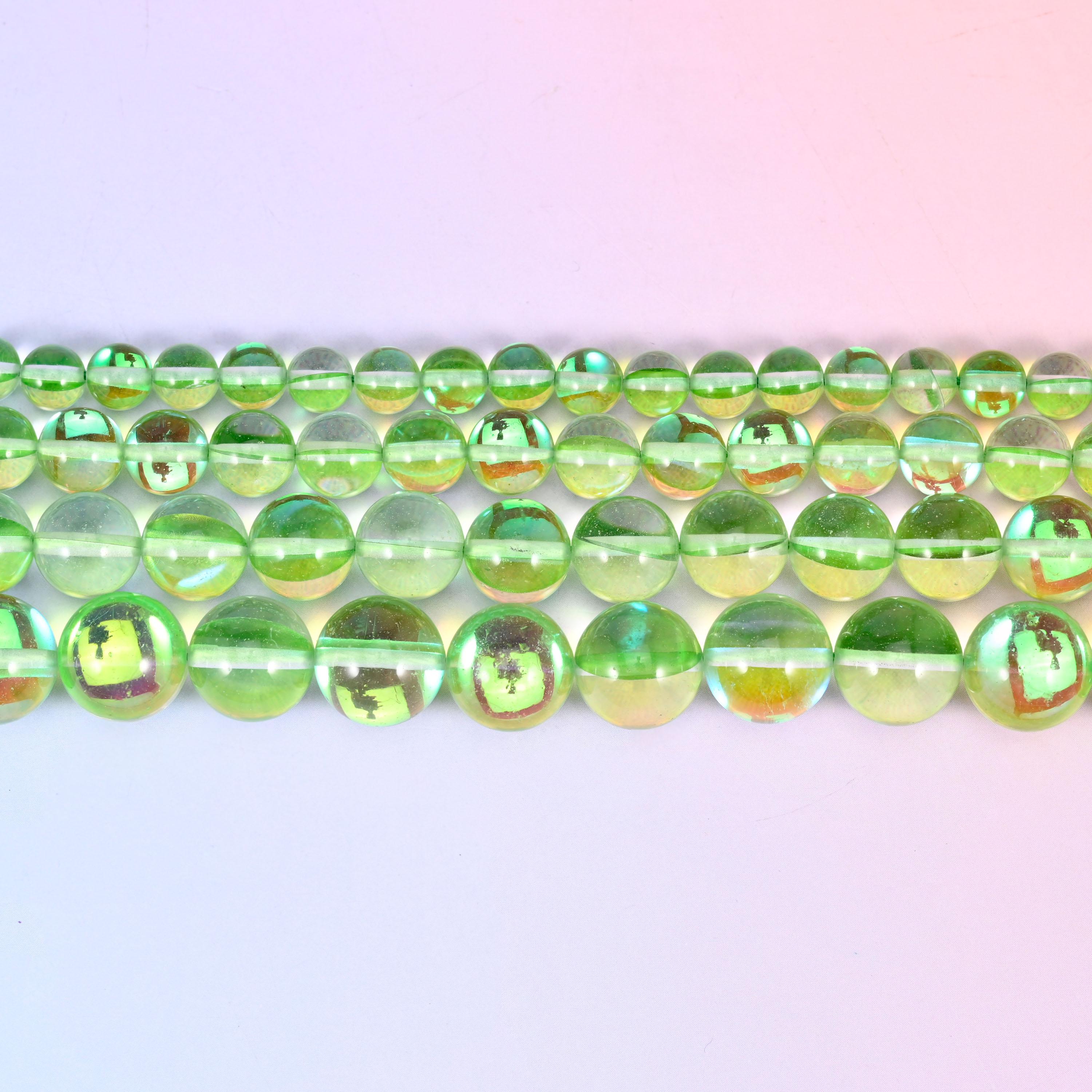 Mystic Aura Light Green Round Glass Beads: Iridescent Jewelry Making Supply, 15 Inch Strand