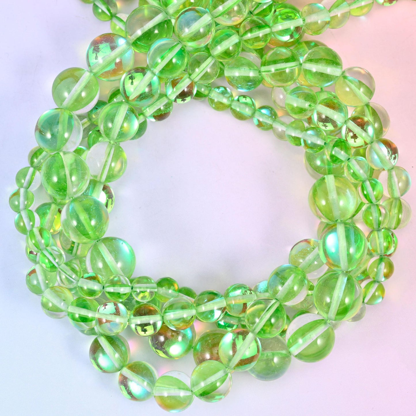Mystic Aura Light Green Round Glass Beads: Iridescent Jewelry Making Supply, 15 Inch Strand