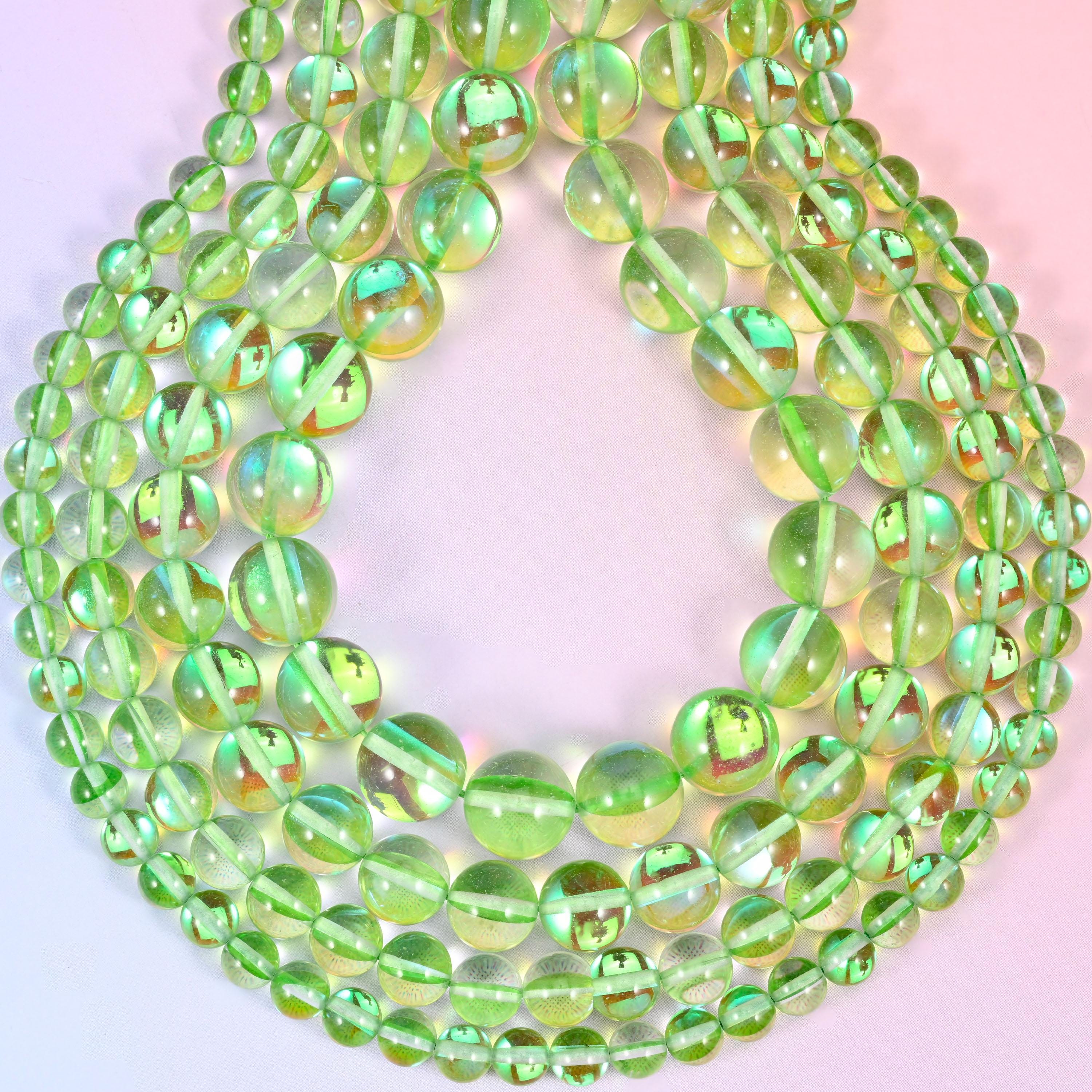Mystic Aura Light Green Round Glass Beads: Iridescent Jewelry Making Supply, 15 Inch Strand