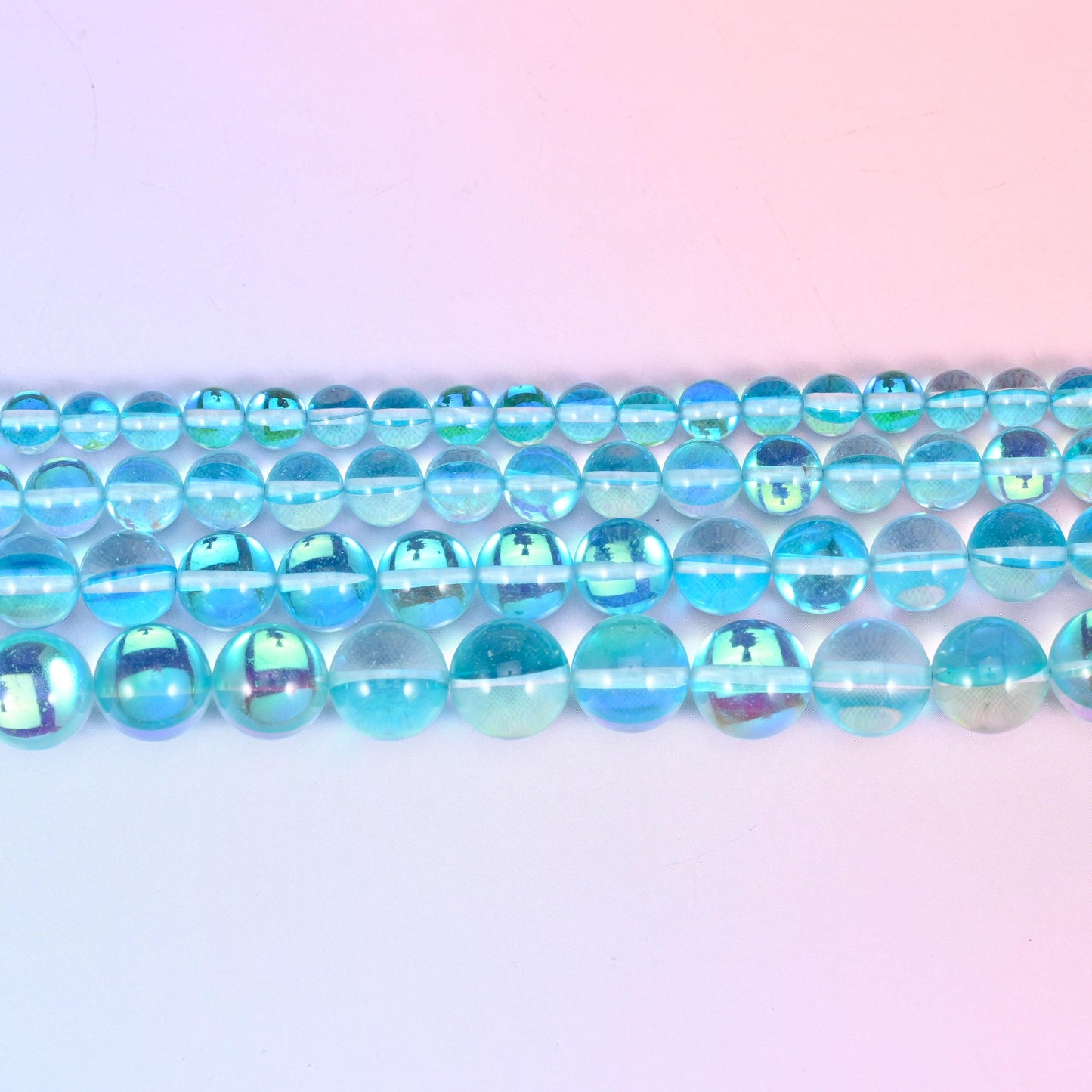 Mystic Aura Light Blue Round Glass Beads: Iridescent Jewelry Making Supply, 15 Inch Strand