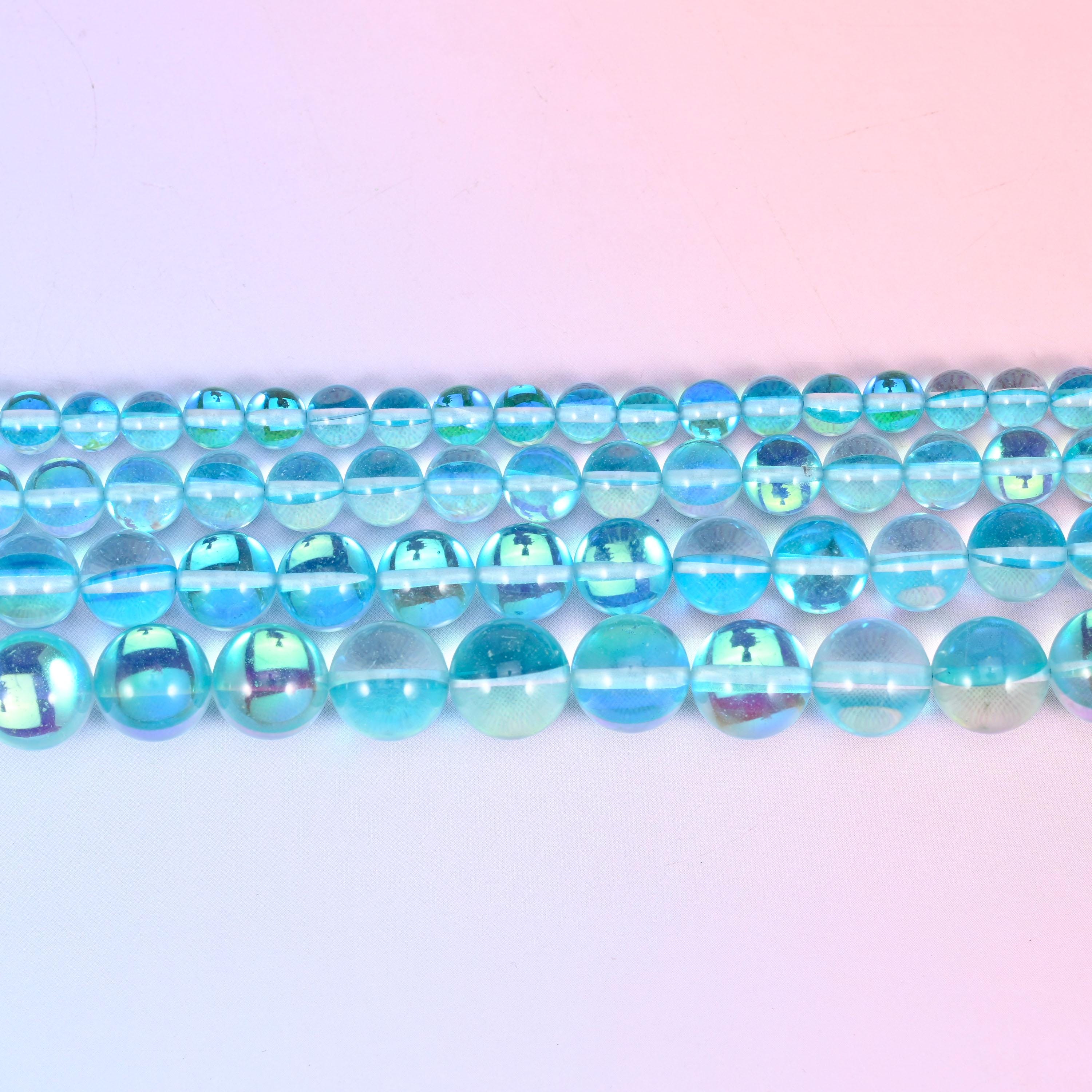 Mystic Aura Light Blue Round Glass Beads: Iridescent Jewelry Making Supply, 15 Inch Strand
