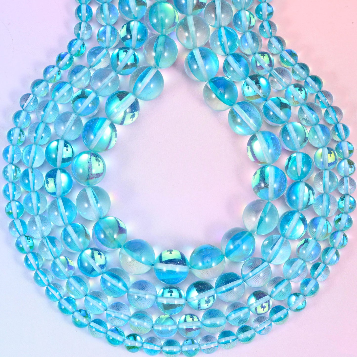 Mystic Aura Light Blue Round Glass Beads: Iridescent Jewelry Making Supply, 15 Inch Strand