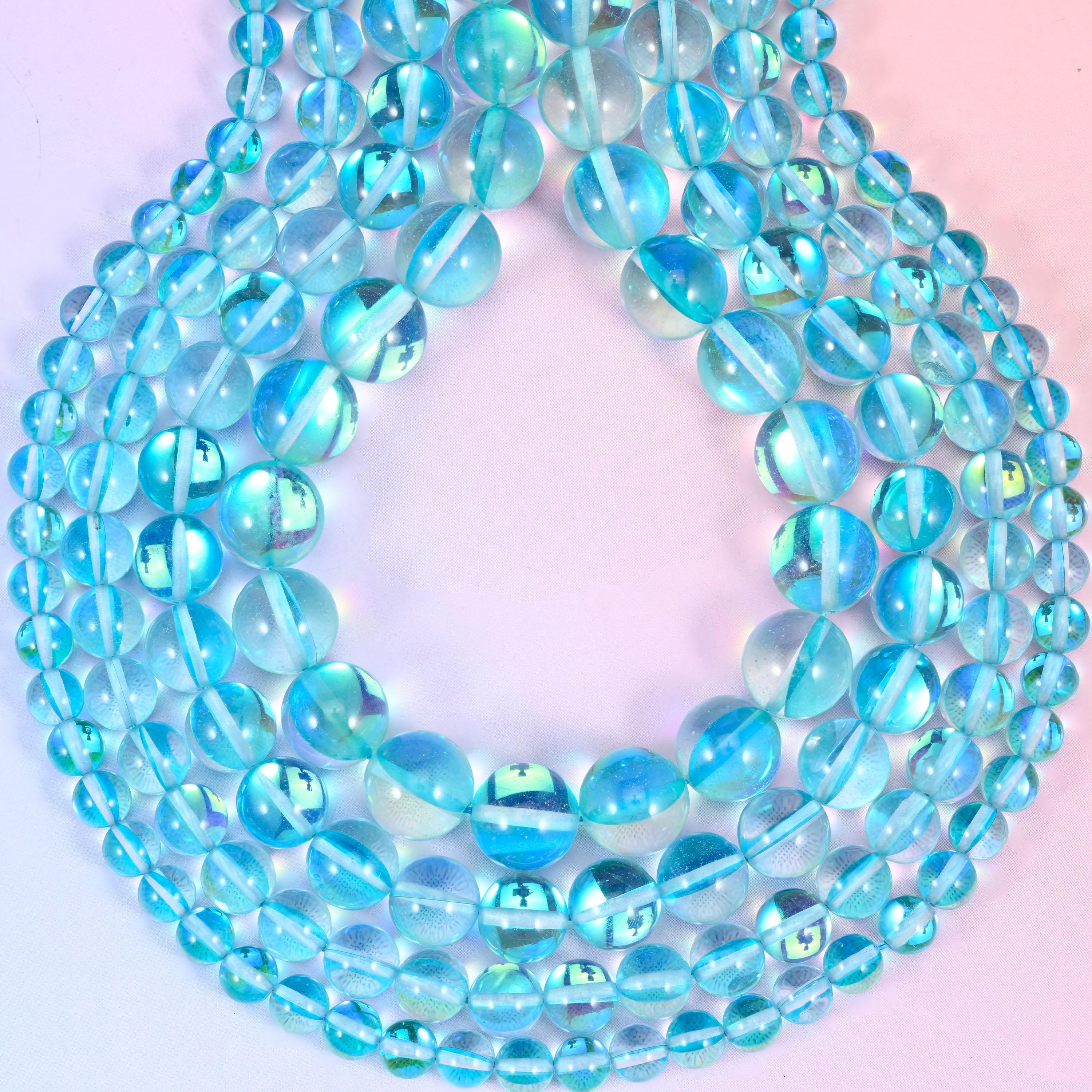 Mystic Aura Light Blue Round Glass Beads: Iridescent Jewelry Making Supply, 15 Inch Strand
