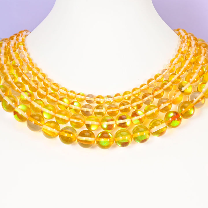 Mystic Aura Yellow Round Glass Beads: Iridescent Jewelry Making Supply, 15 Inch Strand