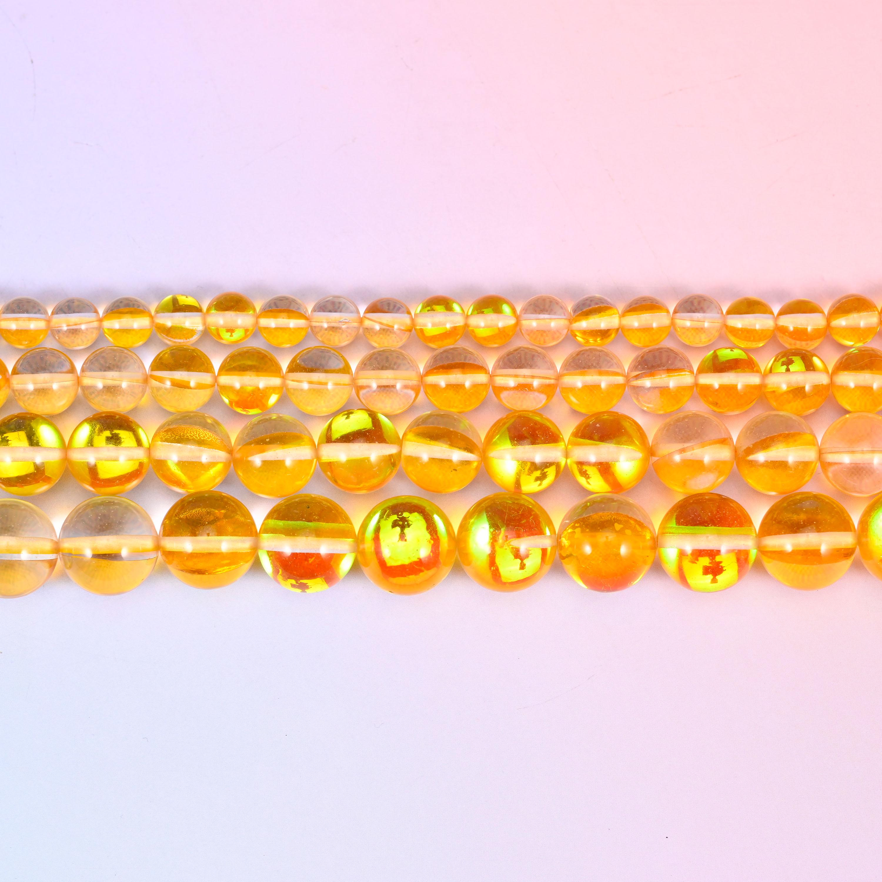 Mystic Aura Yellow Round Glass Beads: Iridescent Jewelry Making Supply, 15 Inch Strand