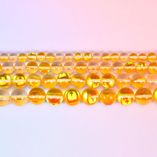 Mystic Aura Yellow Round Glass Beads: Iridescent Jewelry Making Supply, 15 Inch Strand