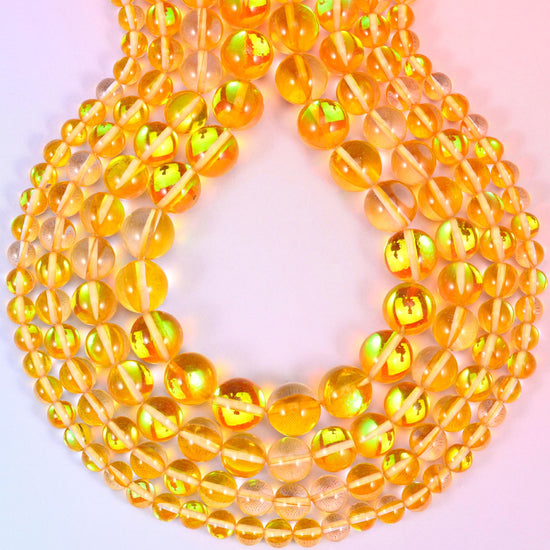 Mystic Aura Yellow Round Glass Beads: Iridescent Jewelry Making Supply, 15 Inch Strand