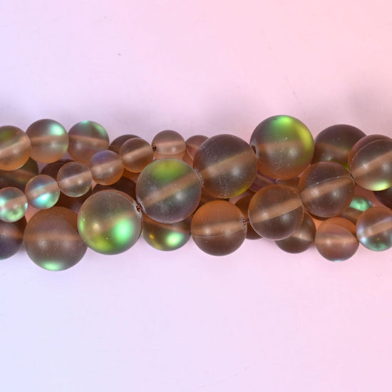 Mystic Aura Matte Brown Round Glass Beads: Iridescent Jewelry Making Supply, 15 Inch Strand