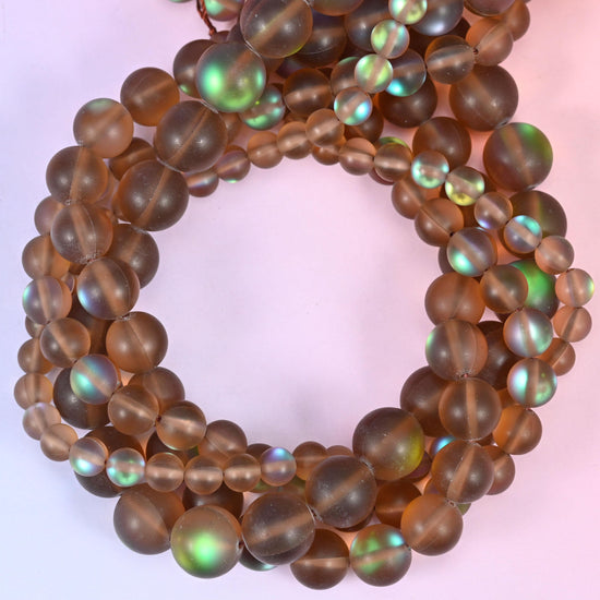 Mystic Aura Matte Brown Round Glass Beads: Iridescent Jewelry Making Supply, 15 Inch Strand