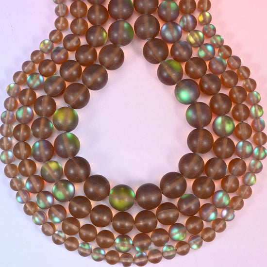 Mystic Aura Matte Brown Round Glass Beads: Iridescent Jewelry Making Supply, 15 Inch Strand