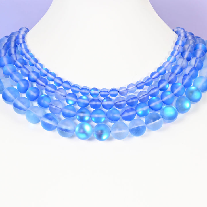 Mystic Aura Matte Blue Round Glass Beads: Iridescent Jewelry Making Supply, 15 Inch Strand