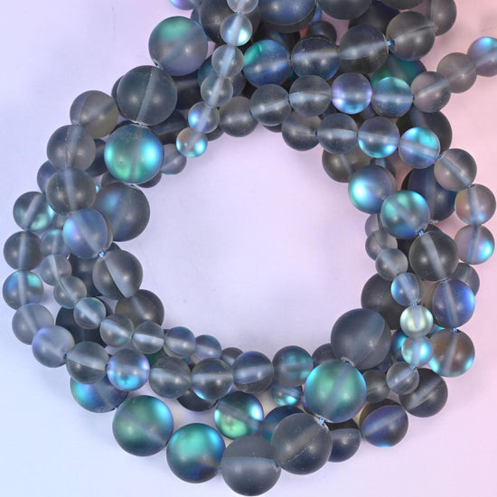 Mystic Aura Matte Gray Round Glass Beads: Iridescent Jewelry Making Supply, 15 Inch Strand