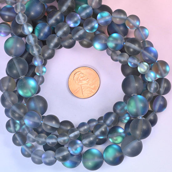 Mystic Aura Matte Gray Round Glass Beads: Iridescent Jewelry Making Supply, 15 Inch Strand