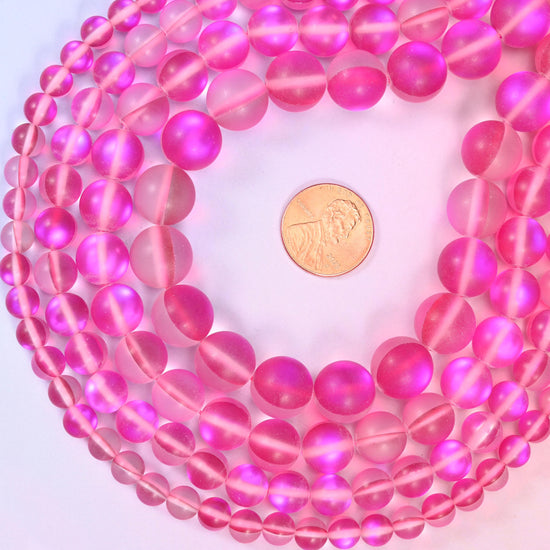Mystic Aura Matte Rose Red Round Glass Beads: Iridescent Jewelry Making Supply