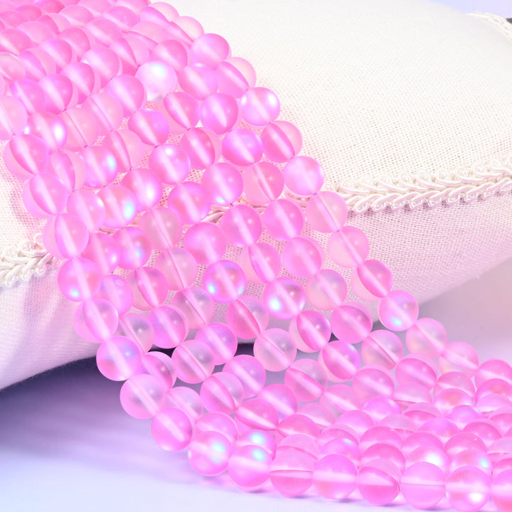 Mystic Aura Matte Pink Round Glass Beads: Iridescent Jewelry Making Supply