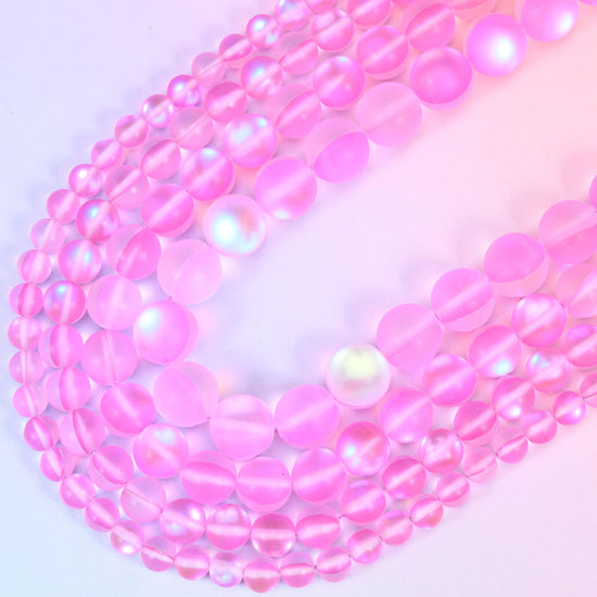 Mystic Aura Matte Pink Round Glass Beads: Iridescent Jewelry Making Supply