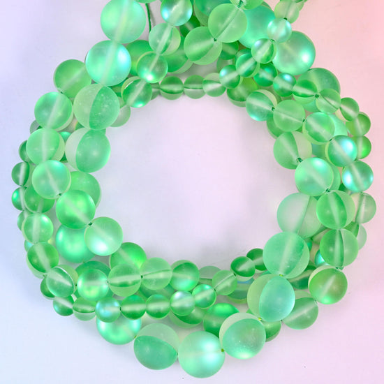 Mystic Aura Matte Green Round Glass Beads: Iridescent Jewelry Making Supply