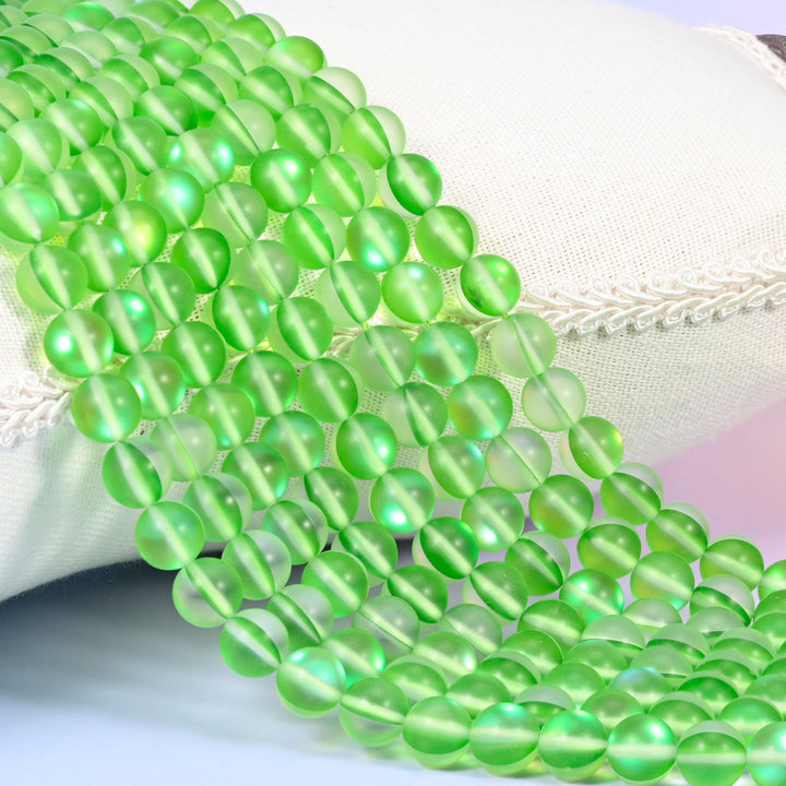 Mystic Aura Matte Green Round Glass Beads: Iridescent Jewelry Making Supply