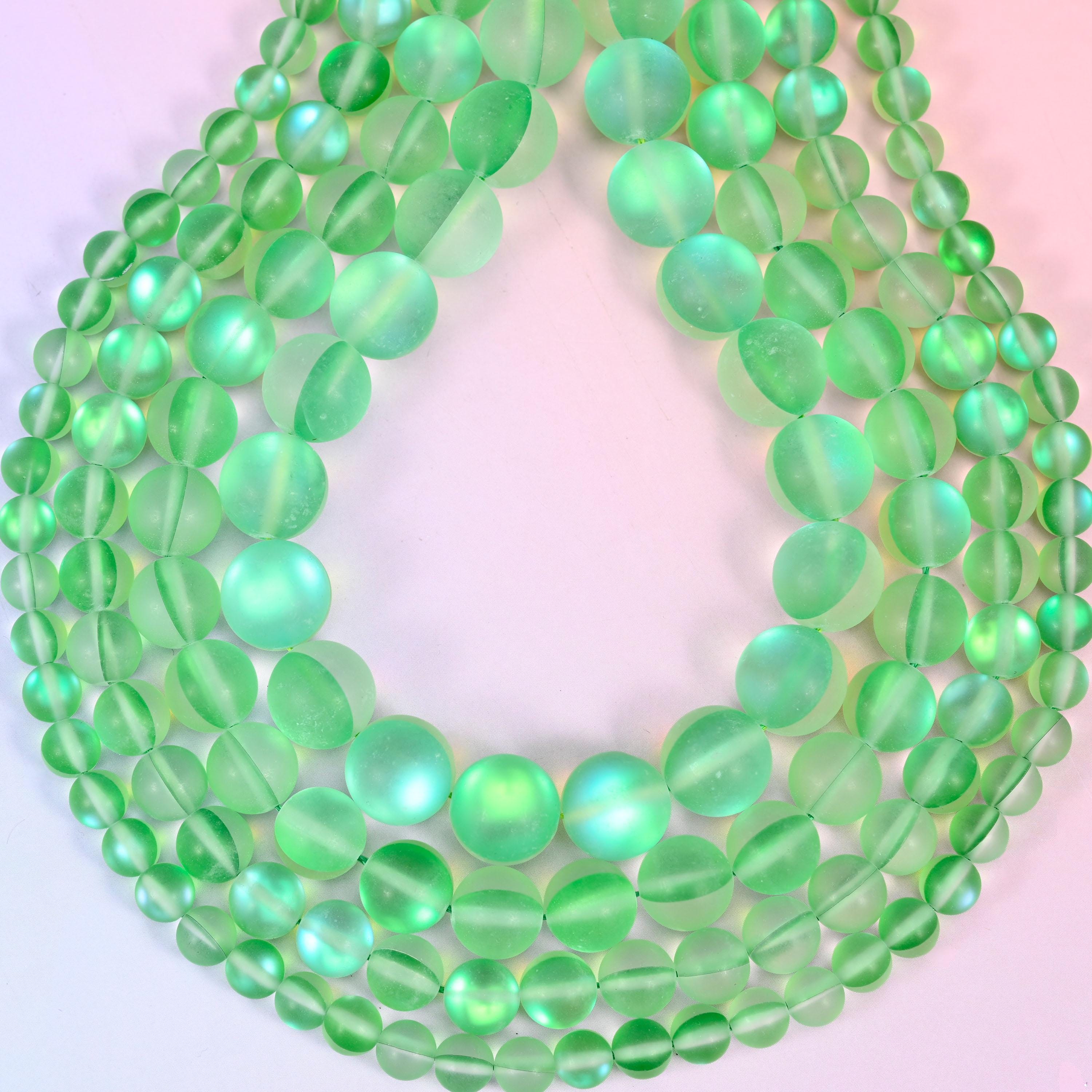 Mystic Aura Matte Green Round Glass Beads: Iridescent Jewelry Making Supply