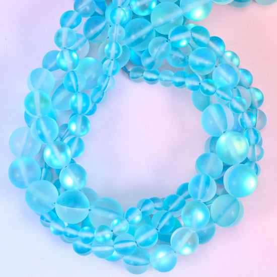 Mystic Aura Matte Light Blue Round Glass Beads: Iridescent Jewelry Making Supply