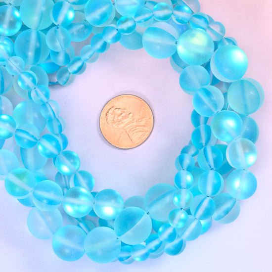 Mystic Aura Matte Light Blue Round Glass Beads: Iridescent Jewelry Making Supply