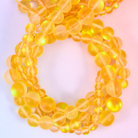 Mystic Aura Matte Yellow Round Glass Beads: Iridescent Jewelry Making Supply
