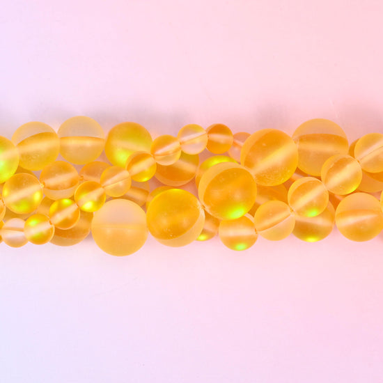 Mystic Aura Matte Yellow Round Glass Beads: Iridescent Jewelry Making Supply