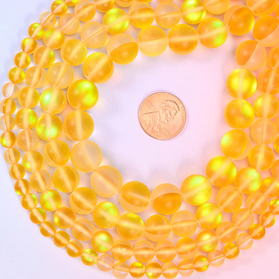 Mystic Aura Matte Yellow Round Glass Beads: Iridescent Jewelry Making Supply